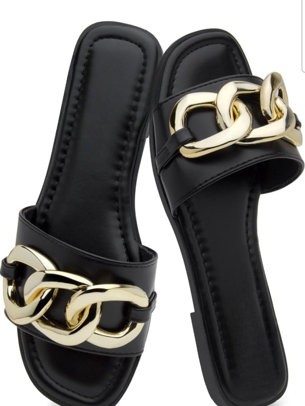 Black Slide Sandals with Gold Chain Accent
